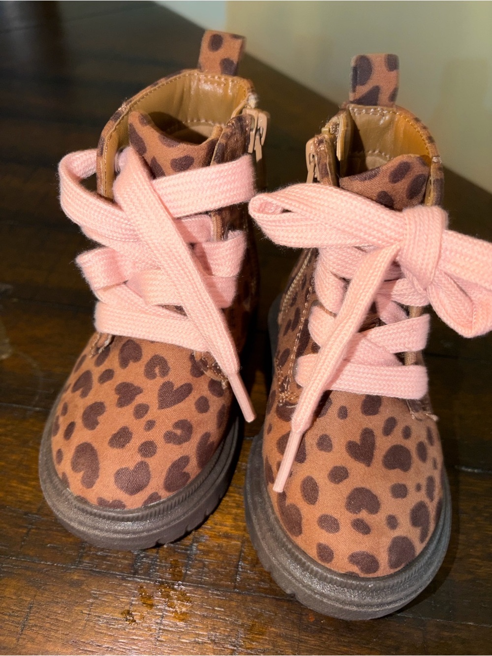 Kids Leopard Print Ankle Boots with Pink Laces